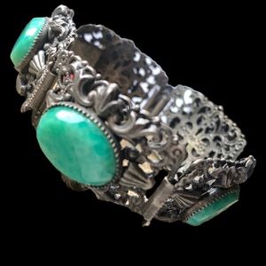 Vintage Ornate Lucite Faux Turquoise Link Panel Bracelet Replica Italian Metal